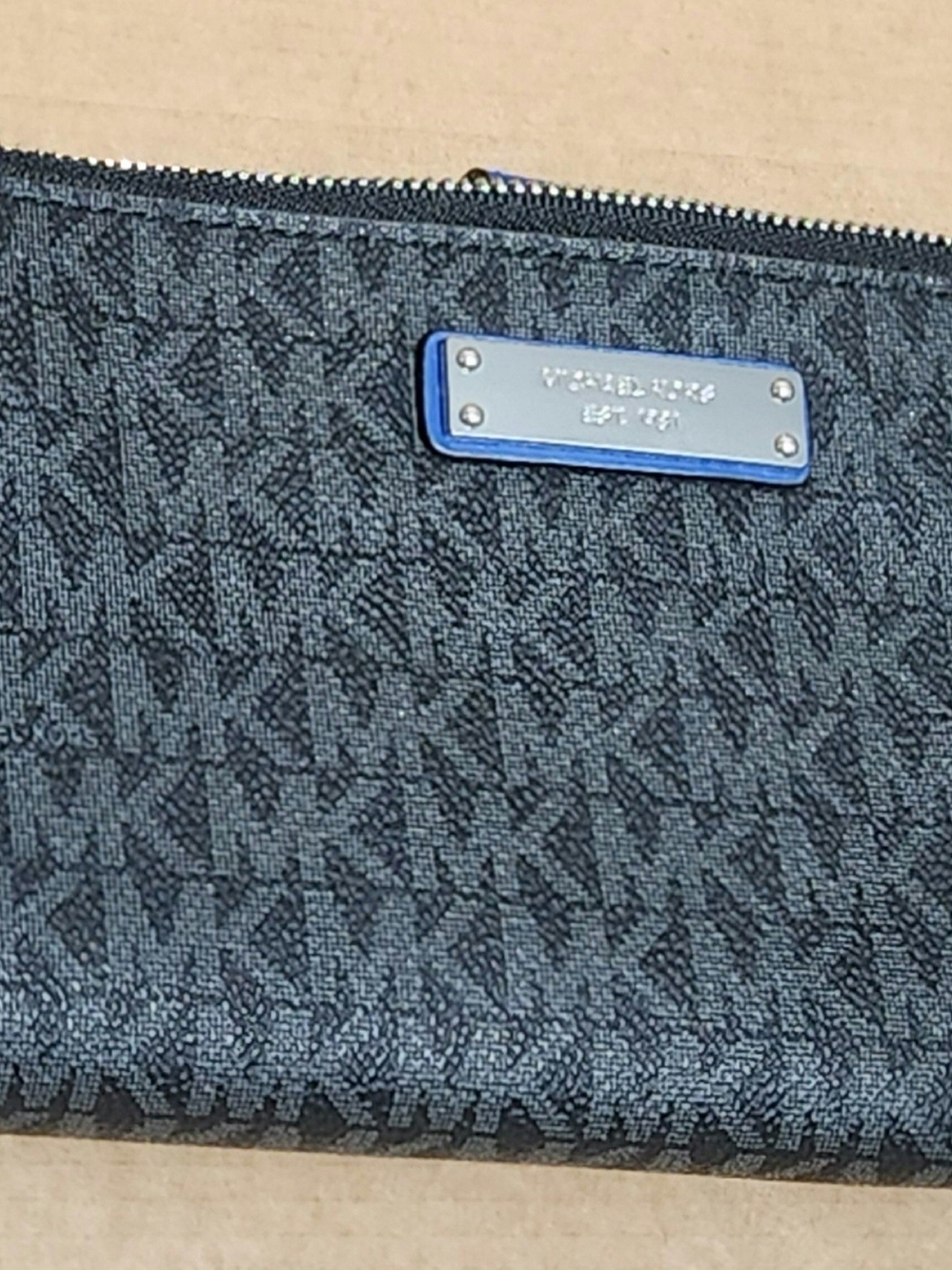 Michael Kors Black Monogram Zip Wallet with Blue Trim